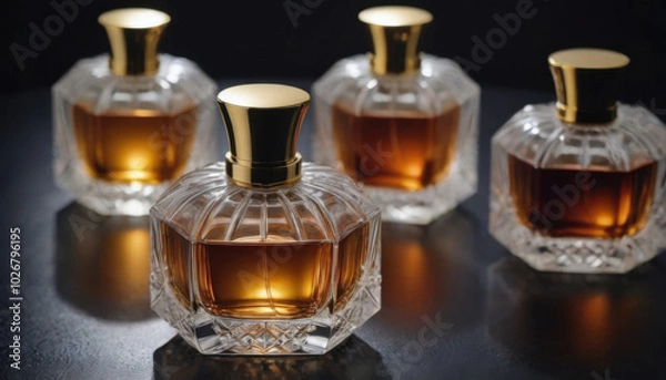 Obraz A collection of beautifully shaped crystal-clear perfume bottles elegantly displayed on a dark luxurious backdrop. This striking image is ideal for fragrance industry advertisements and branding.