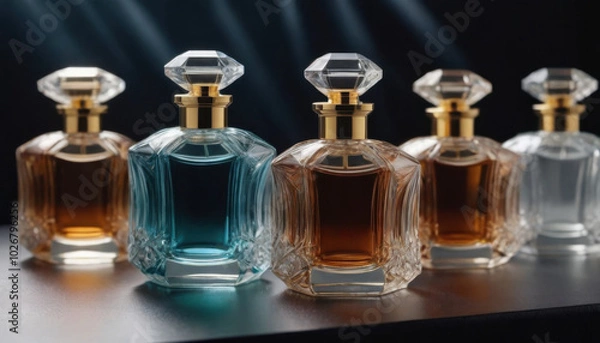 Fototapeta A collection of beautifully shaped crystal-clear perfume bottles elegantly displayed on a dark luxurious backdrop. This striking image is ideal for fragrance industry advertisements and branding.