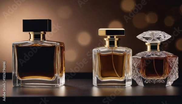 Fototapeta A collection of beautifully shaped crystal-clear perfume bottles elegantly displayed on a dark luxurious backdrop. This striking image is ideal for fragrance industry advertisements and branding.
