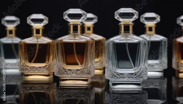 Obraz A collection of beautifully shaped crystal-clear perfume bottles elegantly displayed on a dark luxurious backdrop. This striking image is ideal for fragrance industry advertisements and branding.