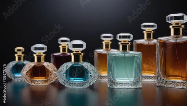 Fototapeta A collection of beautifully shaped crystal-clear perfume bottles elegantly displayed on a dark luxurious backdrop. This striking image is ideal for fragrance industry advertisements and branding.