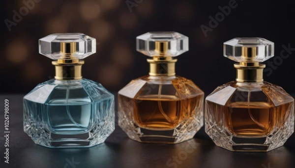 Fototapeta A collection of beautifully shaped crystal-clear perfume bottles elegantly displayed on a dark luxurious backdrop. This striking image is ideal for fragrance industry advertisements and branding.