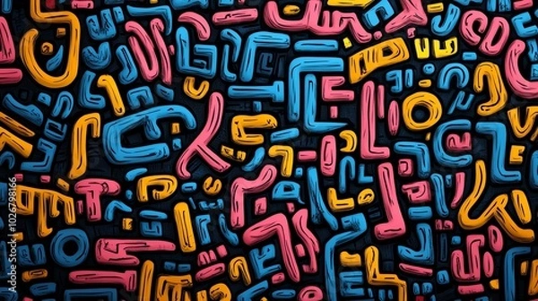 Fototapeta Vibrant abstract design featuring colorful shapes and patterns on a dark background, perfect for creative projects.