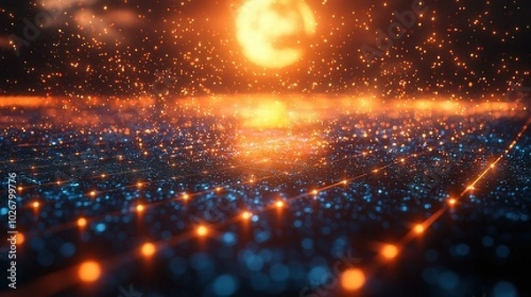 Fototapeta A mesmerizing digital scene with vibrant colors and glowing particles. The setting creates an otherworldly atmosphere resembling a futuristic night sky.