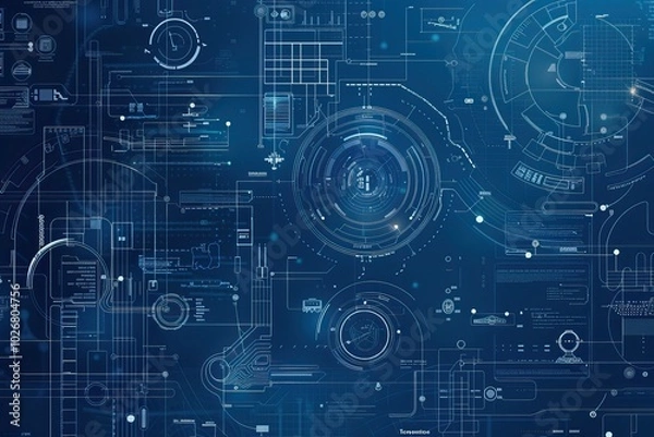 Fototapeta Futuristic blue digital interface with HUD elements and technical diagrams