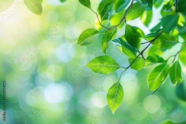 Fototapeta Green leaves on a branch with blurred sunlight background. Nature and freshness concept.