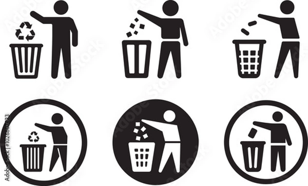 Fototapeta Simple icons, trash disposal symbols black and white graphics,