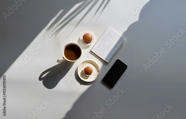 Fototapeta A white surface with a cup of coffee, two pastries, a spiral bound notebook, and a smartphone, all with shadows cast by the light.