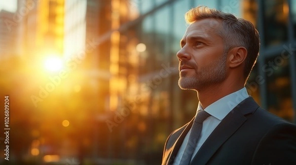 Obraz Side view of a professional businessman in a formal suit, captured in a modern corporate environment. High-resolution  photo ideal for business themes, leadership, and professional presentation.