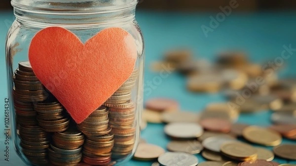 Fototapeta hands holding a jar filled with coins and a heart symbolizing charity and donations