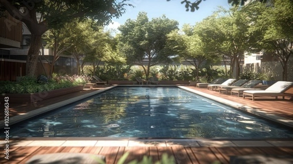 Obraz Serene Swimming Pool Surrounded by Lush Greenery