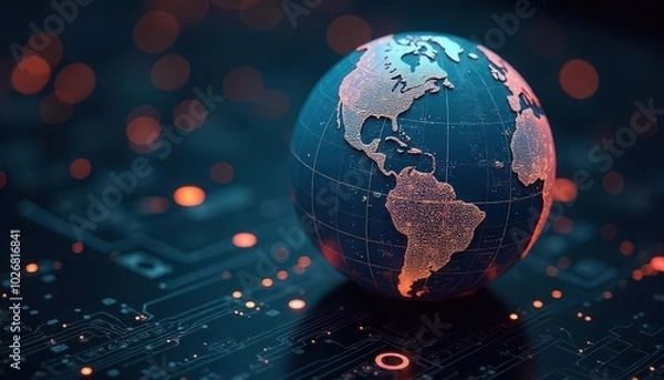 Obraz Digital Earth Globe on Circuit Board with Glowing Lights