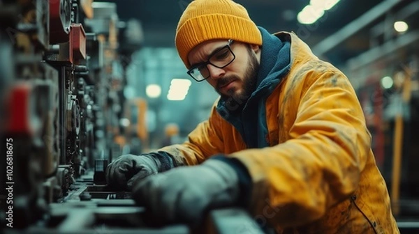 Obraz Worker Focused on Completing Tasks in a Professional Work Environment, Depicting Dedication and Productivity in a Job Setting