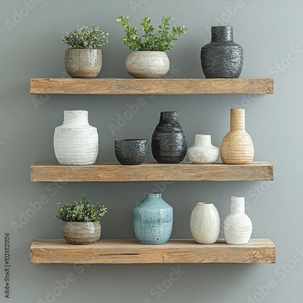 Fototapeta Artistic arrangement of vases and plants on wooden shelves against a gray wall, creating a modern and serene atmosphere.