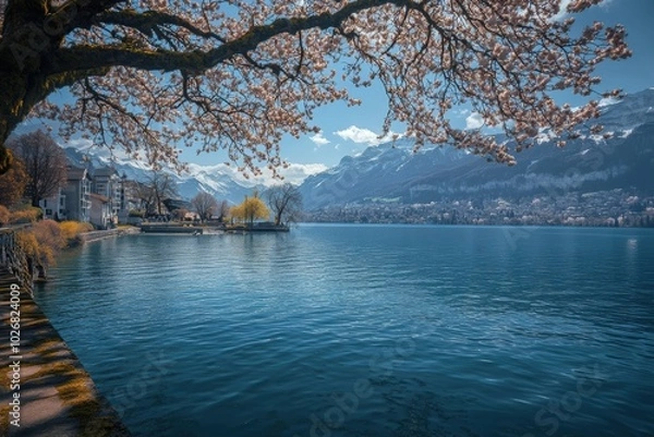 Fototapeta Springtime in Switzerland offers stunning views as cherry blossoms frame the calm lake surrounded by majestic mountains and picturesque homes. Generative AI