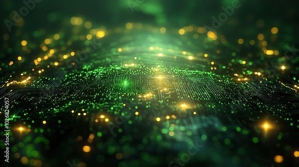 Fototapeta A 3D-rendered digital image featuring an abstract glowing green technology background.