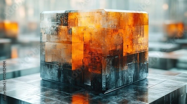 Fototapeta A 3D-rendered technology cube features futuristic textures, capturing the complexity of digital design and abstract geometry.