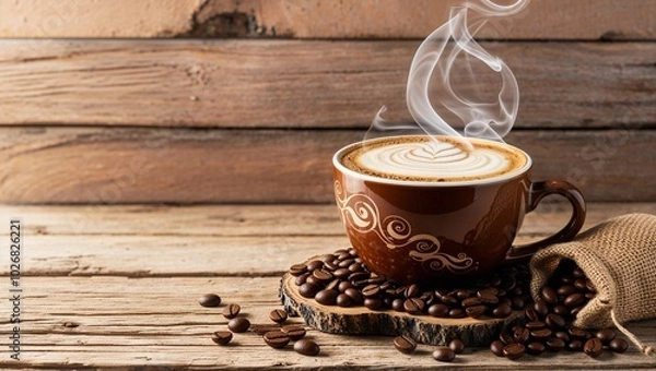 Obraz worn, distressed wooden plank serves as the rustic backdrop for a steaming hot cup of coffee, adorned with a delicate