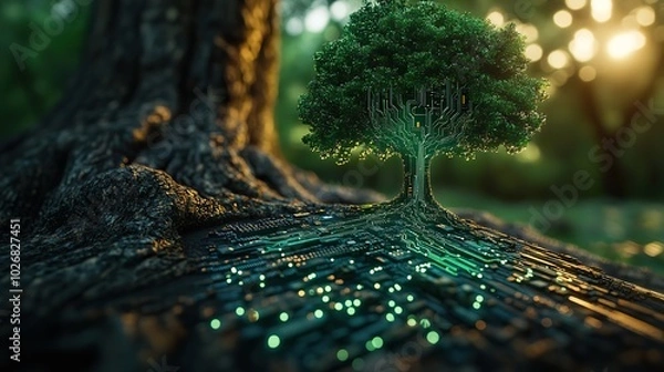 Fototapeta A concept of IT ethics and green technology is illustrated by a circuit board growing inside a green tree.