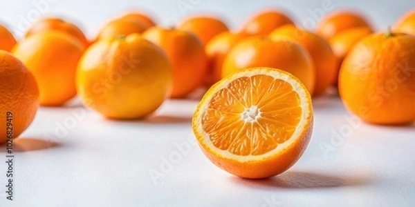Fototapeta A single orange cut in half lays on a white surface, surrounded by whole oranges in various positions, creating a vibrant and refreshing composition.
