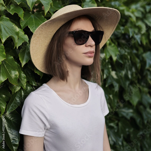Fototapeta Portrait of a girl wearing a hat and sunglasses against a background of green leaves.