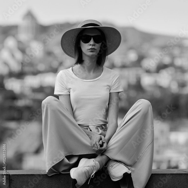 Fototapeta A young girl dressed in wide trousers and a hat walks through the old city.