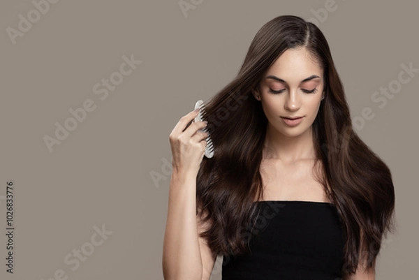 Obraz Luxurious brunette combing her long hair. Grey background.