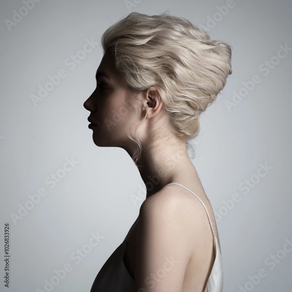 Obraz Fashion portrait of a beautiful girl with a bun hairstyle. Gray background.
