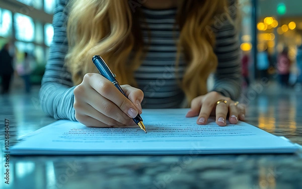 Fototapeta Focused Exam Moment: Student Writing in Exam Hall