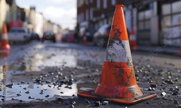 Fototapeta Traffic cone on the road. Shallow depth of field