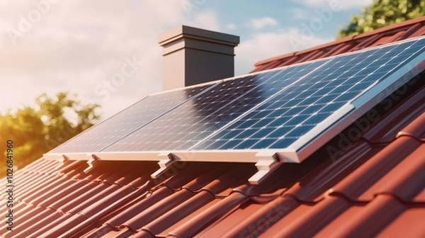 Obraz Angled View of Photovoltaic Modules on a Roof