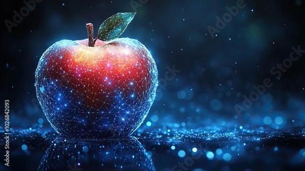 Fototapeta A low-poly blue illustration of a polygonal apple, merging simplistic geometric design with modern technology themes.