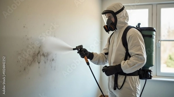 Fototapeta Mold remediation service: A professional worker spraying products to remove mold before house painting, clad in a protective suit and respirator mask, with a backpack sprayer at a home renovation site
