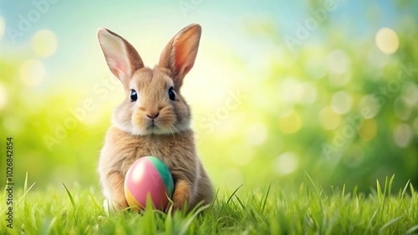 Fototapeta Cute Easter bunny with colorful Easter egg in panoramic view