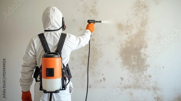 Fototapeta Mold remediation service: A professional worker spraying products to remove mold before house painting, clad in a protective suit and respirator mask, with a backpack sprayer at a home renovation site