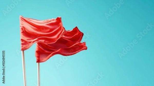 Fototapeta Three red flags waving against a bright blue background, dynamic and vibrant scene.
