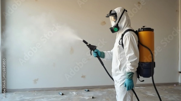 Fototapeta Mold remediation service: A professional worker spraying products to remove mold before house painting, clad in a protective suit and respirator mask, with a backpack sprayer at a home renovation site