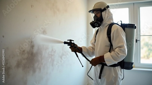 Fototapeta Mold remediation service: A professional worker spraying products to remove mold before house painting, clad in a protective suit and respirator mask, with a backpack sprayer at a home renovation site