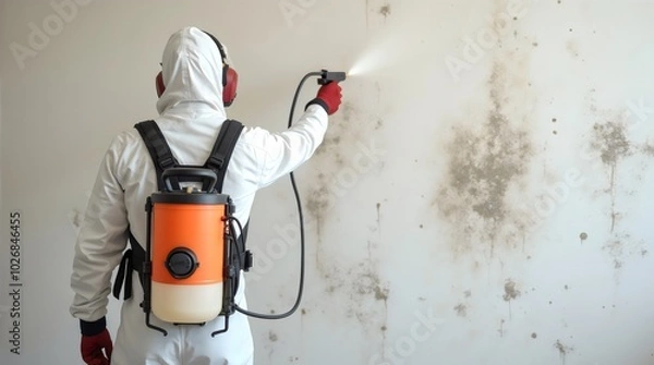 Fototapeta Mold remediation service: A professional worker spraying products to remove mold before house painting, clad in a protective suit and respirator mask, with a backpack sprayer at a home renovation site