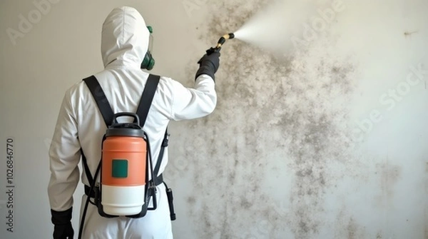 Fototapeta Mold remediation service: A professional worker spraying products to remove mold before house painting, clad in a protective suit and respirator mask, with a backpack sprayer at a home renovation site