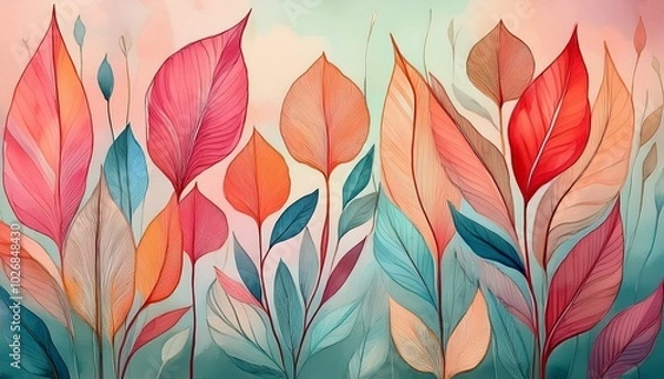 Obraz カラフル、葉、自然、抽象的、幾何学的、ボタニカル、パステル、アート、背景、装飾、モダン、スタイリッシュ、シンプル