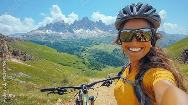 Fototapeta A smiling female cyclist taking a selfie with her mountain bike against the scenic backdrop of the Picos de Europa.