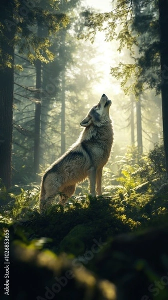 Fototapeta A wolf howls in a sunlit forest, surrounded by trees and lush foliage, evoking a sense of wilderness and connection to nature.