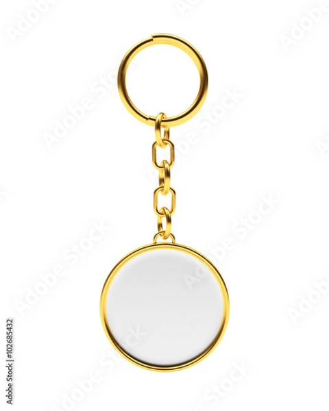 Fototapeta Blank round golden key chain with key ring isolated on white background