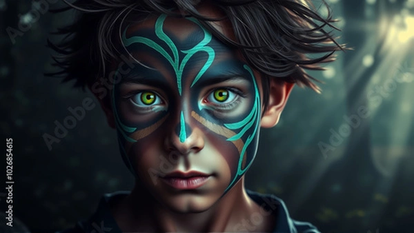 Fototapeta Boy with Green Tribal Face Paint in Mystical Forest