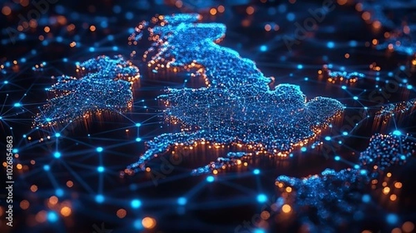 Fototapeta A view of the United Kingdom from space shows blue digital networks, representing international communication and technology connections.