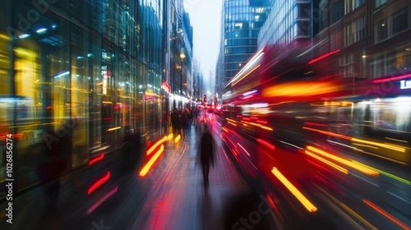 Fototapeta Abstract city scene with blurred motion and vibrant lights, illustrating urban life and hustle.