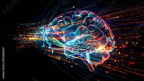Obraz AI-Powered Intrusion Detection System: An AI brain glowing with data streams, analyzing and intercepting cyber threats in real-time,
