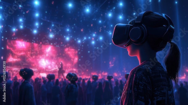 Fototapeta A vibrant virtual reality concert scene with a captivated audience experiencing immersive technology through VR headsets.