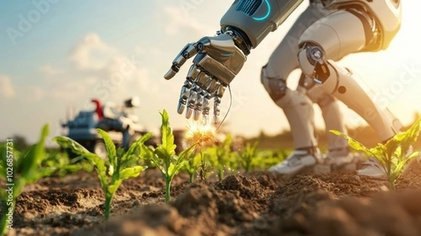 Fototapeta Robotic Assistant Helping Farmer in Crop Field
